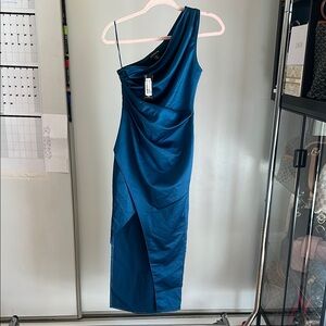 Blue Asymmetrical Ruched One-Shoulder Cocktail Dress NWT
